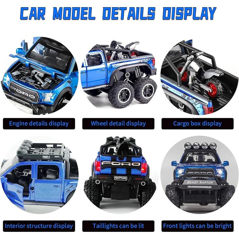 Image of Kids Model 1:24 Raptor F150 Die Cast Metal Car Pull Back Action Opening Doors with Realistic Engine Sound Lights Toy Car Gift for Boys - Blue