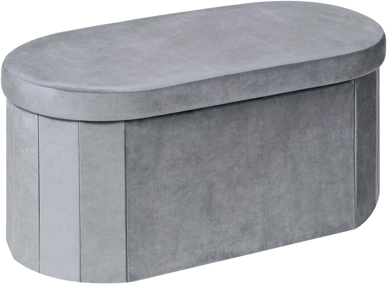 Velvet Ottoman Storage Bench, Foldable Storage Chest with Lid,Oval Footstool for Living Room Bedroom Hallway, 76x38x38cm, Grey