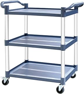 MAYNIYJK Utility Carts with Wheels, 3-Tier Restaurant Cart, Heavy Duty Rolling Cart Food Service Cart 420lbs, Plastic Bus Cart with Lockable Wheels and Rubber Hammer for Warehouse/Office/Kitchen, Grey