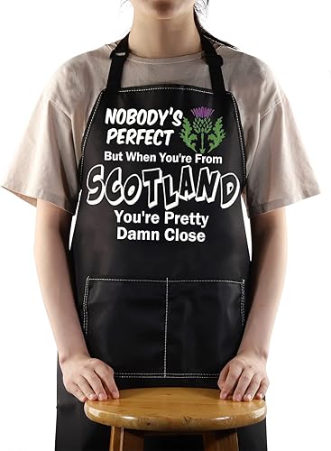 WZMPA Divertidos delantales de cocina ajustables de Escocia con bolsillos, regalos de cardo escocés, delantales de chef de Escocia para cocinar y