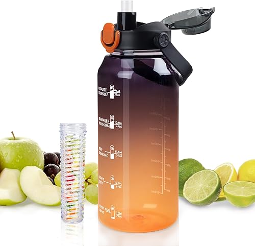 Botella de agua deportiva de 64 onzas con infusor de frutas, botella de agua motivacional 2 en 1 con popote y marcador de tiempo, jarra de agua