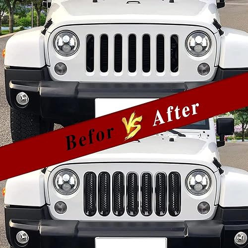 Miniatura 5 de ASUBHA 7 piezas de insertos de malla para parrilla frontal, color negro mate, cubierta protectora de malla frontal con clip, compatible con Jeep JK