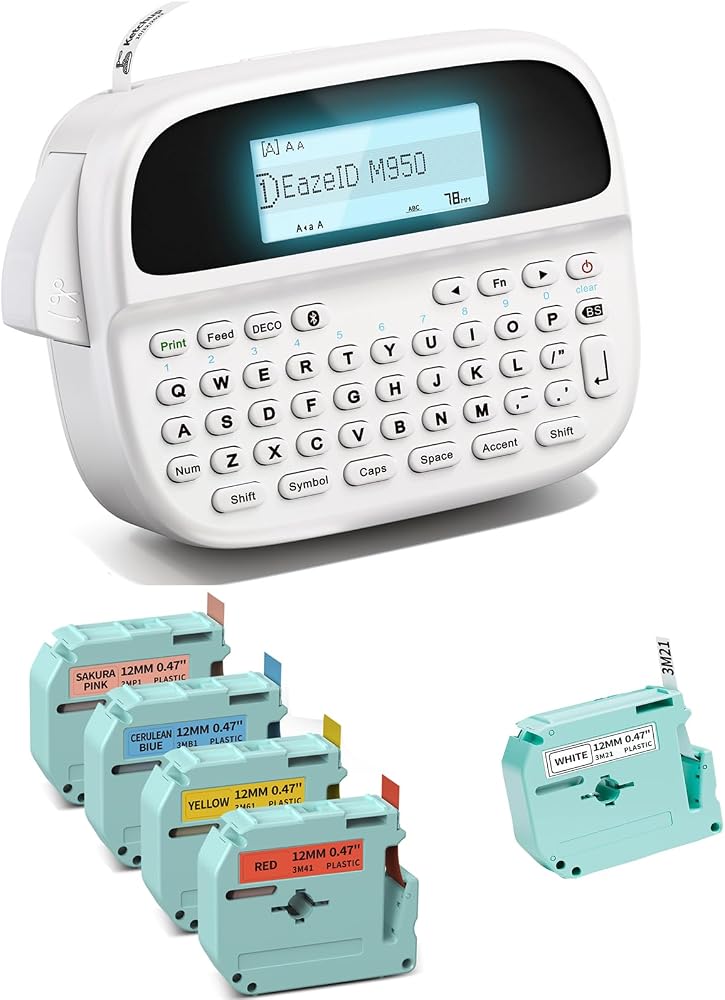 M950 Label Maker with 5PK Color Tape, Rechargeable Label Maker Waterproof-Labels, Handheld Electric Label Maker with Keyboard, Backlit & Bluetooth Labeler, for Home Kitchen Office School Kids Teachers