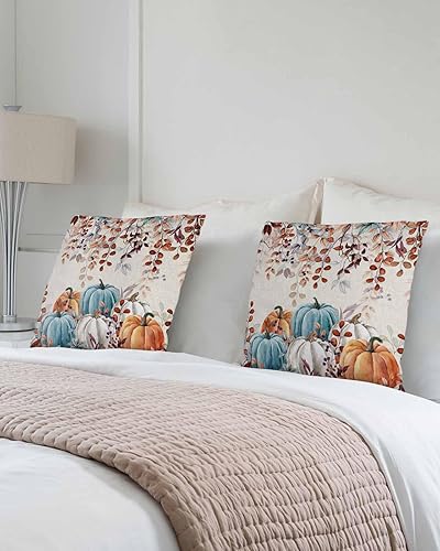 Miniatura 3 de Paquete de 2 fundas de almohada decorativas para sofá, retro, otoño, naranja, blanco, azul, cosecha, hojas de calabaza, 18 x 18 pulgadas, fundas de