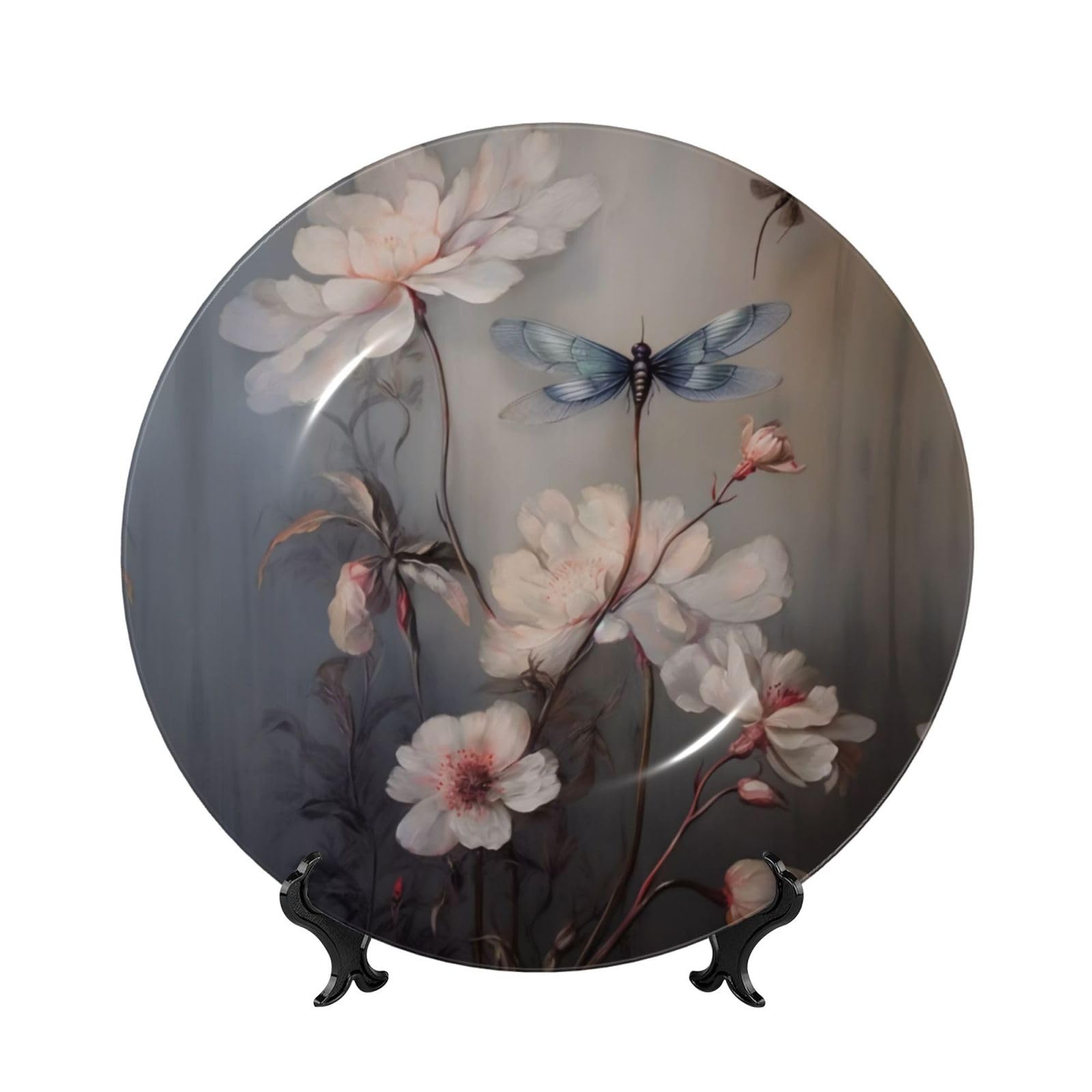SXZVVBN Dragonfly Pink Petals Bone China Decorative Plate Art with Stand Removable Adhesive Hanging for Home Office 6in（15cm）