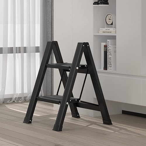 Miniatura 7 de Escalera plegable de 2 escalones con pedal ancho antideslizante, taburetes portátiles de aluminio ligero para adultos, escalera multiusos con