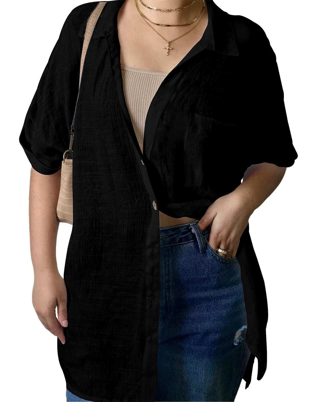 Bsubseach Women Embroidered Half/Long Sleeve Swimsuit Cover Up Mini Beach Dress