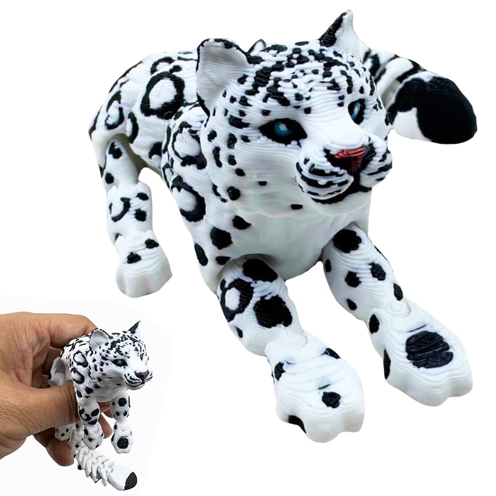 HATFRYF 3D Printed Animals Snow Leopard, 21cm Articulated Animal Toy, 3D Printed Toys Gift for Kids and Adult, Snow Leopard Mini Articulating Figures for Desk Decoration Home Display (White)