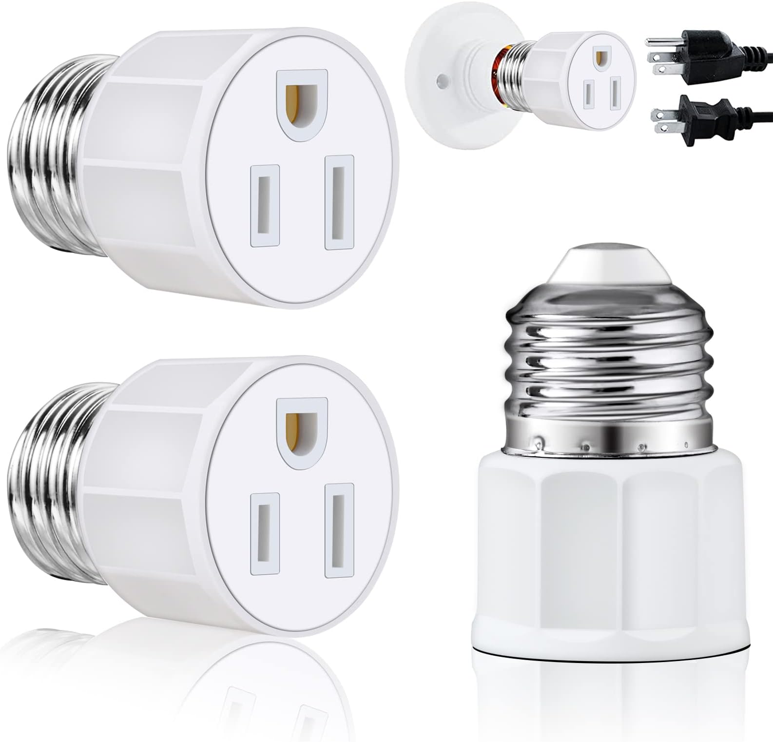 E26/E27 Light Socket to Plug Adapter, 2 Packs 3 Prong Light Bulb Outlet Adapter with 1 Outlet, Provide 2/3 Prong Outlet for Garage Porch CCTV Camera and Electronic Equipment, etc (White)