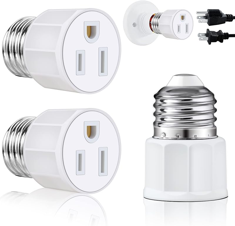 3 Prong Light Socket to Plug Adapter - E26 E27 Light Socket to Plug Adapter - Polarized Light Bulb Plug Adapter, 2/3 Prong Outlet Socket Splitter Convert for Garage Porch Camera (2, White)