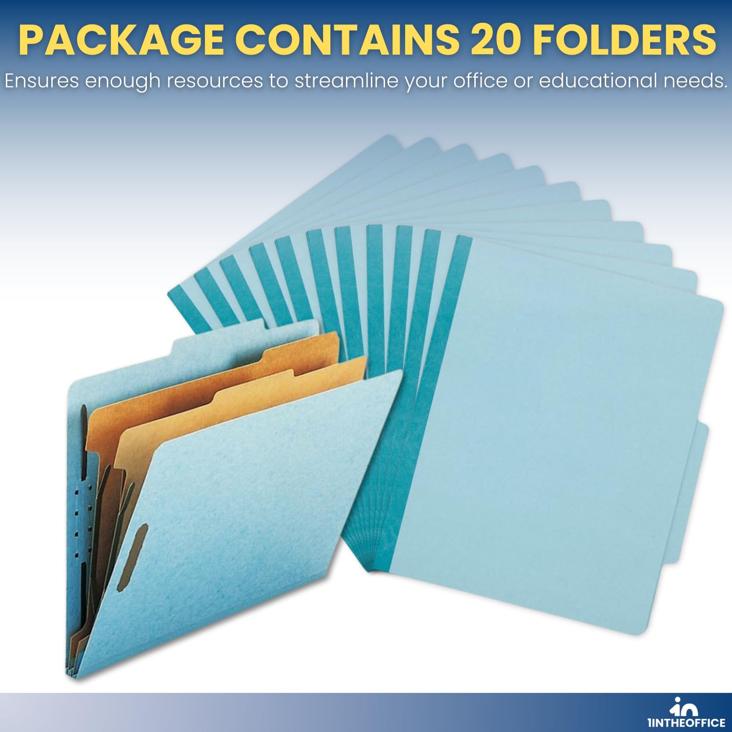 1InTheOffice Carpeta de clasificación para tablones prensados, 2 divisores, 2.5 pulgadas de expansión, tamaño carta, azul claro, 20 piezas