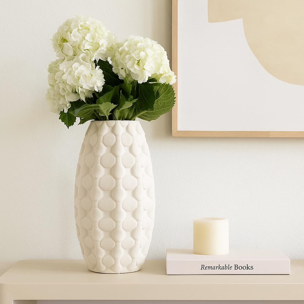 Ceramic Vase for Home Decor and Living Room Decor - 3D Printed Design Sculptural Oval Flower Vase for Bedroom, Table, or Office Display - Perfect for Room and House Accents – 15" Ivory