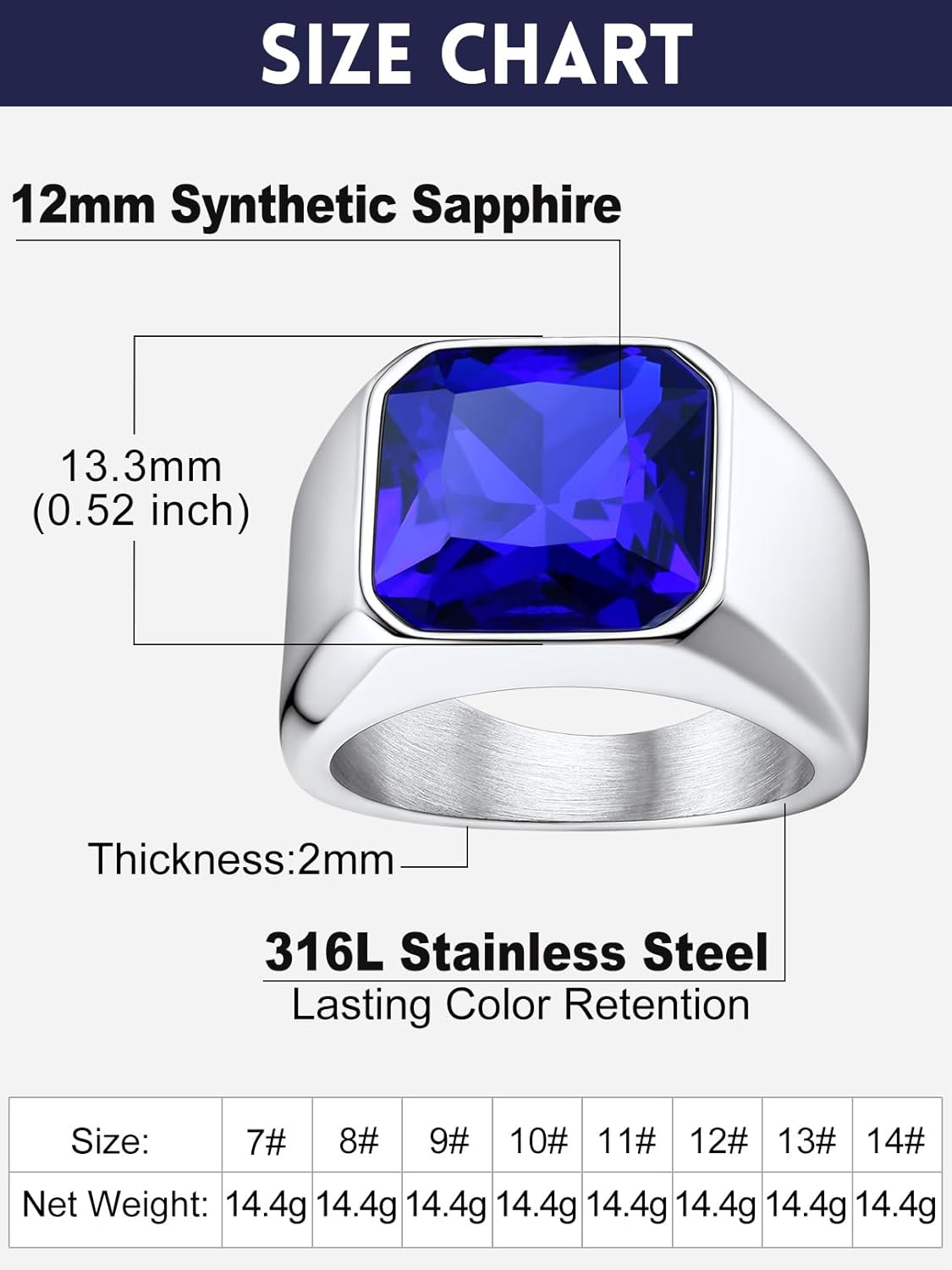 Bandmax Mens Gemstone Signet Rings Stainless Steel Blue Topaz Band Ring Cocktail Ring Anniversary Ring Biker Ring for Men Size 12