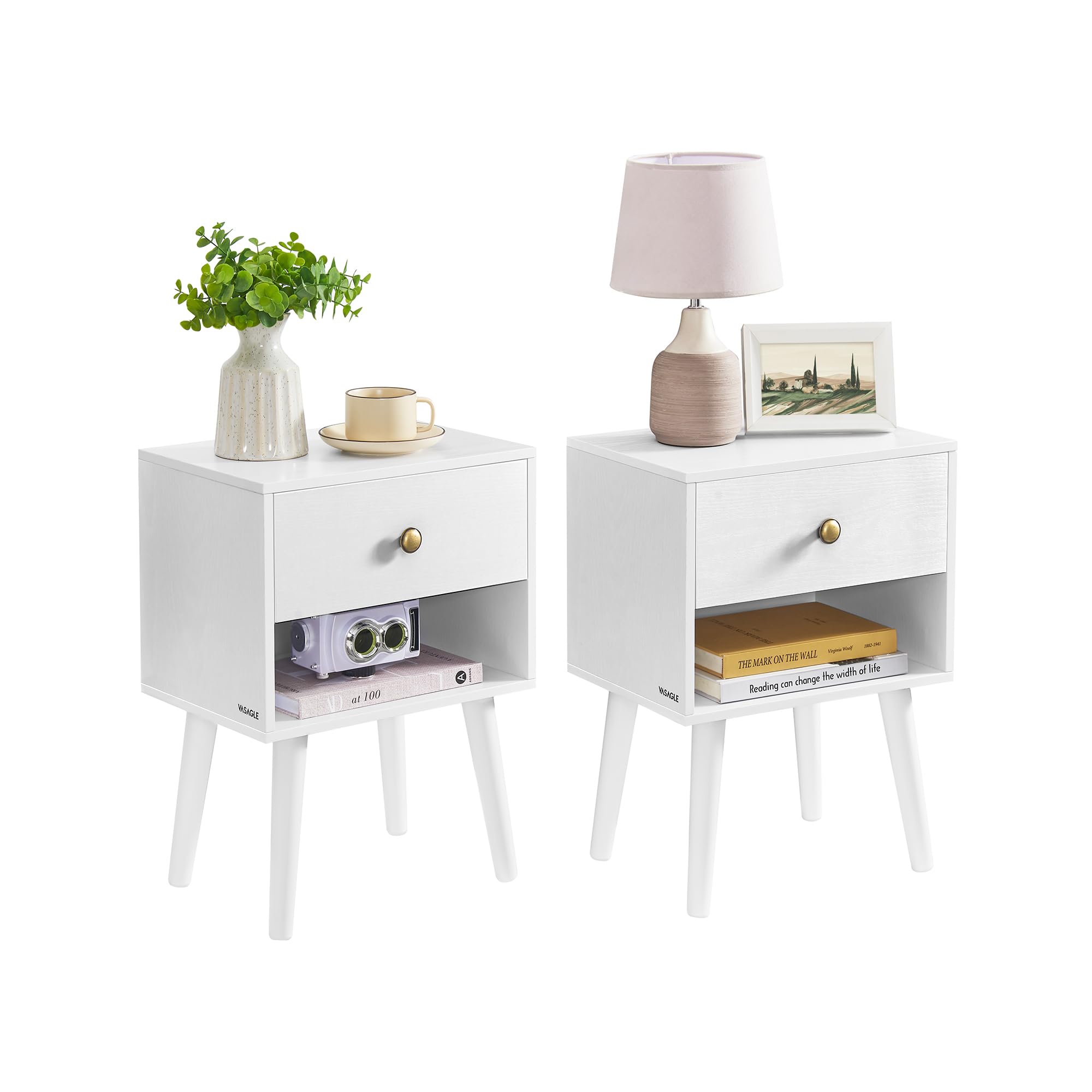 VASAGLE Nachttisch, 2er Set, Beistelltisch mit Schublade und offener Ablage, Holzbeine, Couchtisch für Wohnzimmer, Schlafzimmer, Sofa, schneeweiß LET855W01