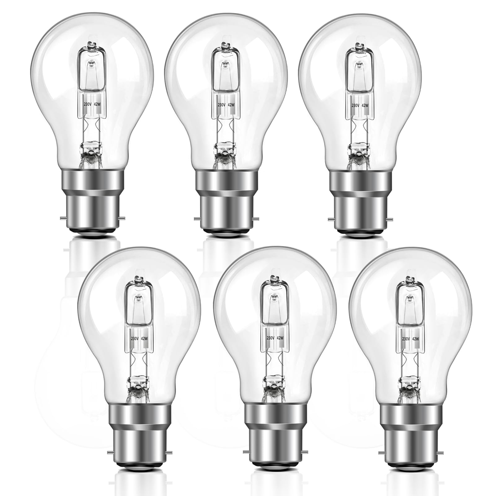 B22 Bayonet Light Bulb 42W Dimmable, Globe A55 B22d BC Bayonet Classic Clear Light Bulb, Warm White 2700K, 650LM, B22 GLS Clear Bulb for Chandelier, Ceiling Light Bulb, Pack of 6