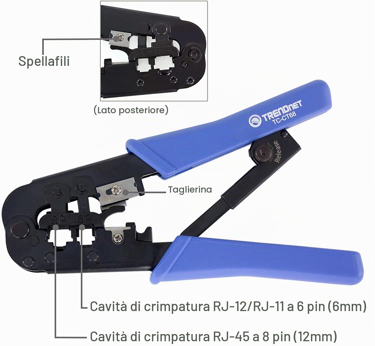 TRENDnet, TC-CT68, Pinza Crimpatrice Professionale, Per qualsiasi cavo Ethernet o telefonico, taglierina e spelafili integrati