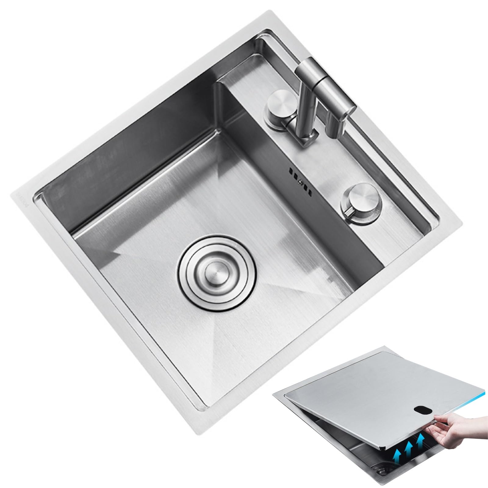 WIQUYBML Stainless Steel Hidden Drop-in Sink with Cover–Space-Saving Foldable Faucet, Mini Single Bowl Bar Counter for Small Kitchen RV Includes Siphon Drain(39 * 43 23cm)