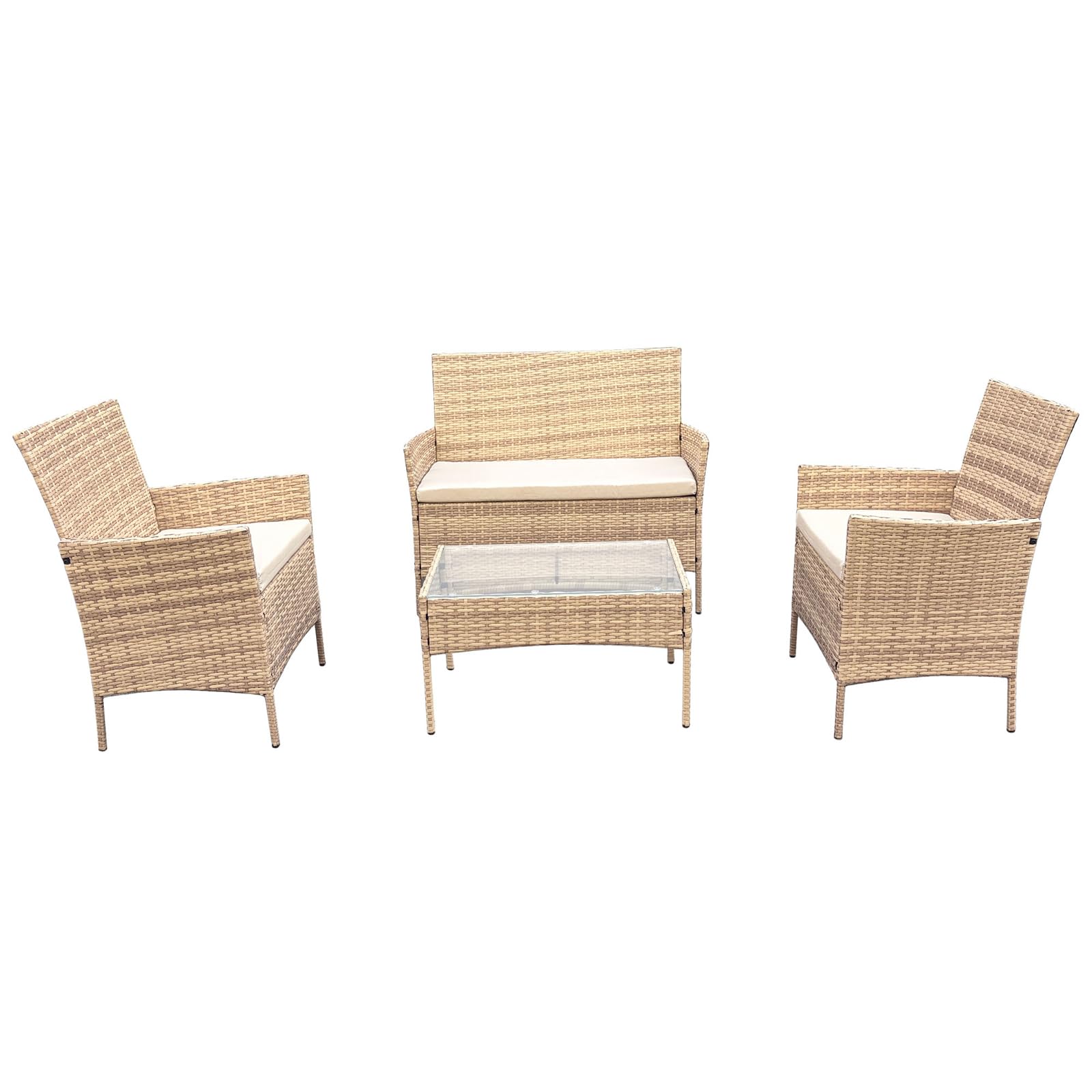 SVITA Brooklyn Gartenlounge 4-teilig Polyrattan Lounge Set wetterfest Garten Terrasse Balkon inkl. Kissen Glas Tisch Beige
