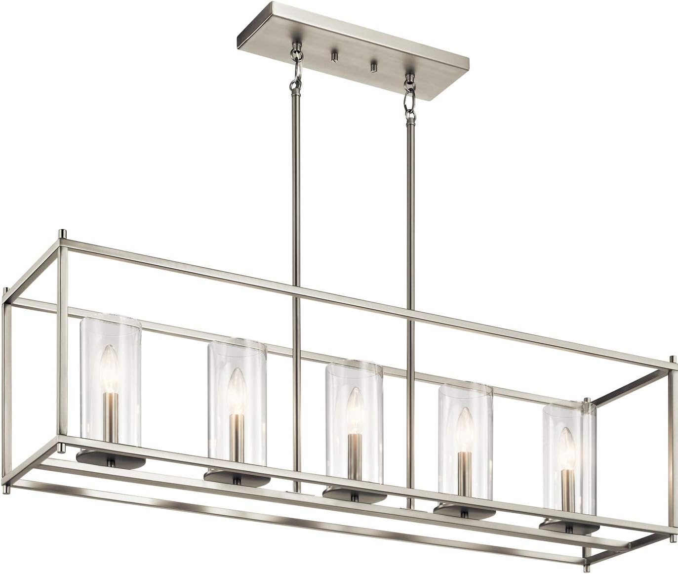Sleek 5-Candle Linear Chandelier in Brushed Nickel with Clear Glass