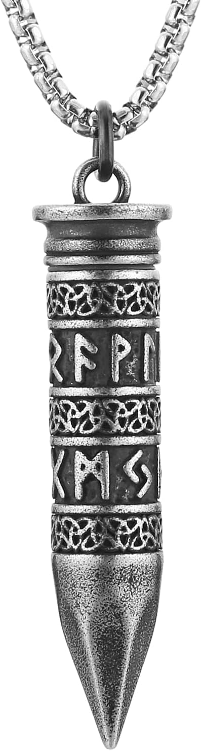 HZMAN Bullet Cremation Urn Necklace for Ashes Stainless Steel Viking Runes Memorial Pendant for Men Keepsake Jewelry