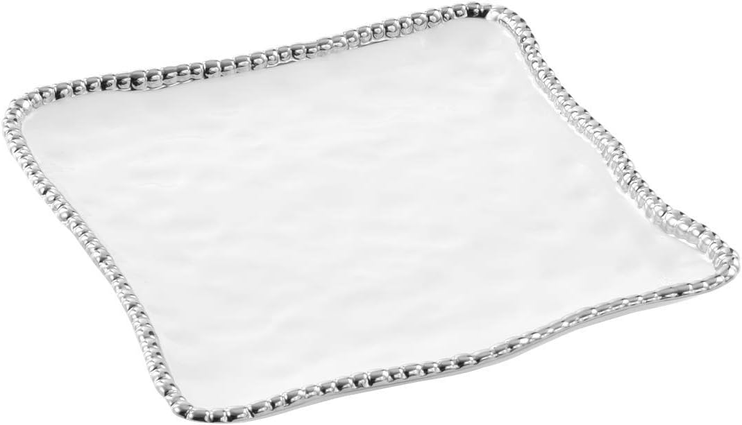 Pampa Bay Salerno Titanium-Plated Ceramic Porcelain 11-inch Square Holiday Party Platter Tray, White/Silver, Oven Safe