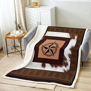 Cowhide Fleece Throw Blanket Rustic Western Farm Comforter Cover for Bed Sofa Couch Kids Texas Star Cowboy Sherpa Blanket Breathable Brown Cow Fur Skin Fuzzy Blanket Room Decor Baby 30×40