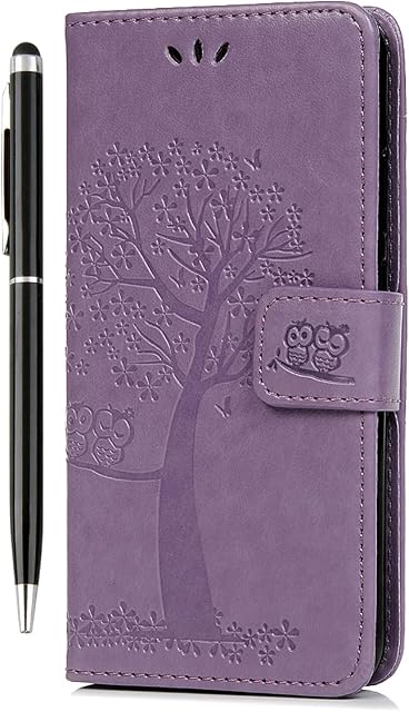 Reevermap Samsung Galaxy S21 FE Case 5G Flip Premium Wallet Phone Case Shockproof PU Leather Owl Tree Magnet Cover for Samsung Galaxy S21 FE 5G with Kickstand Card Holder & 1 Touch Pen, Light Purple