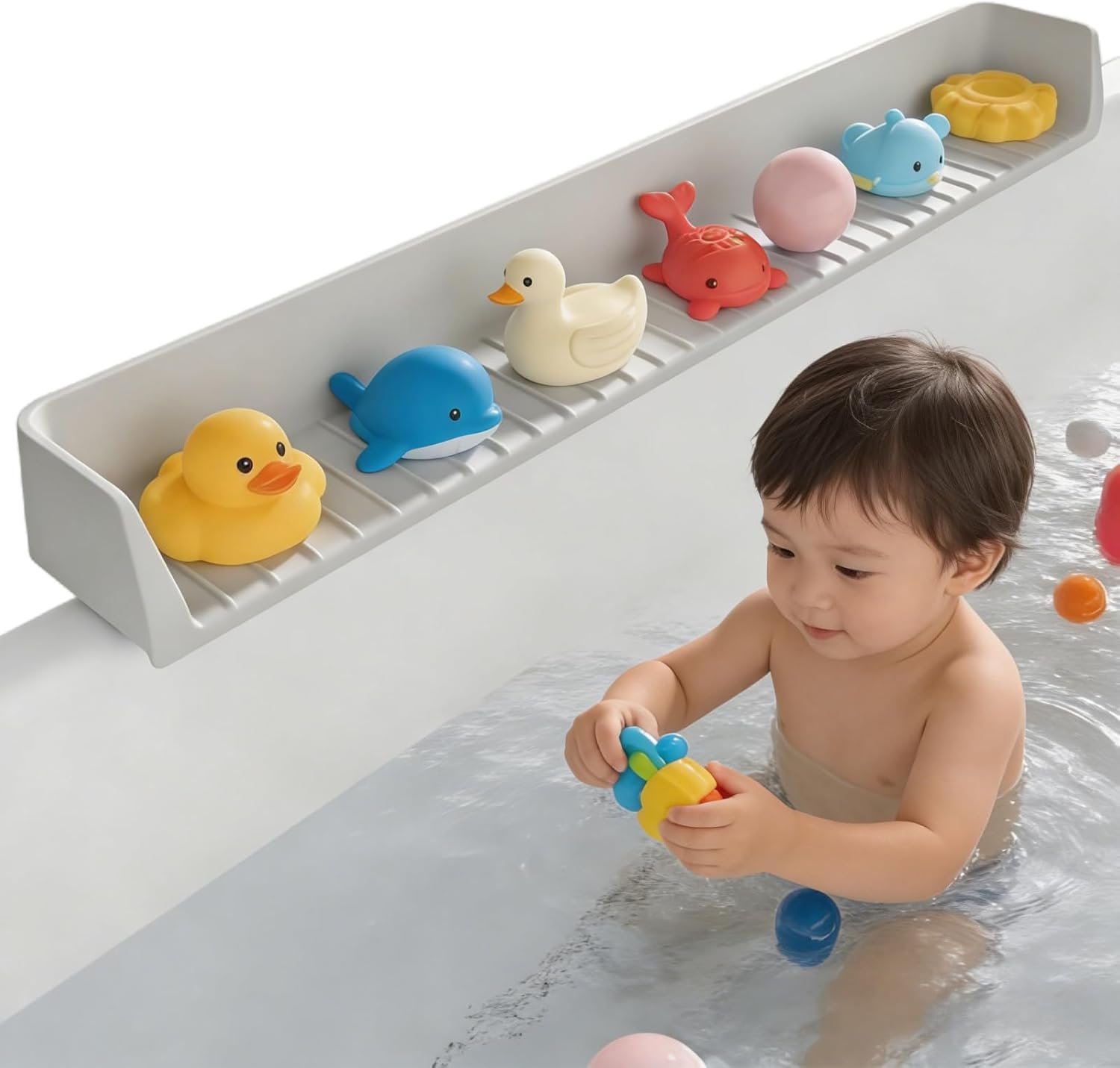 Bathtub Splash Guard for Kids – Silicone Bath Tub Splash Guard with Suction Cups, Tub Topper Play Shelf & Toy Holder, Fun Bath Time for Toddlers Baby (Gray)