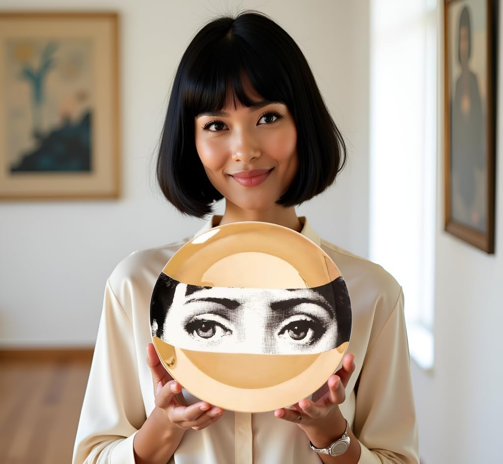 Surreal Eyes Decorative Wall Plate, 8 Inch Bone China with 24K Gold, Editorial Portrait Art, Luxury Home Decor, Golden Gaze