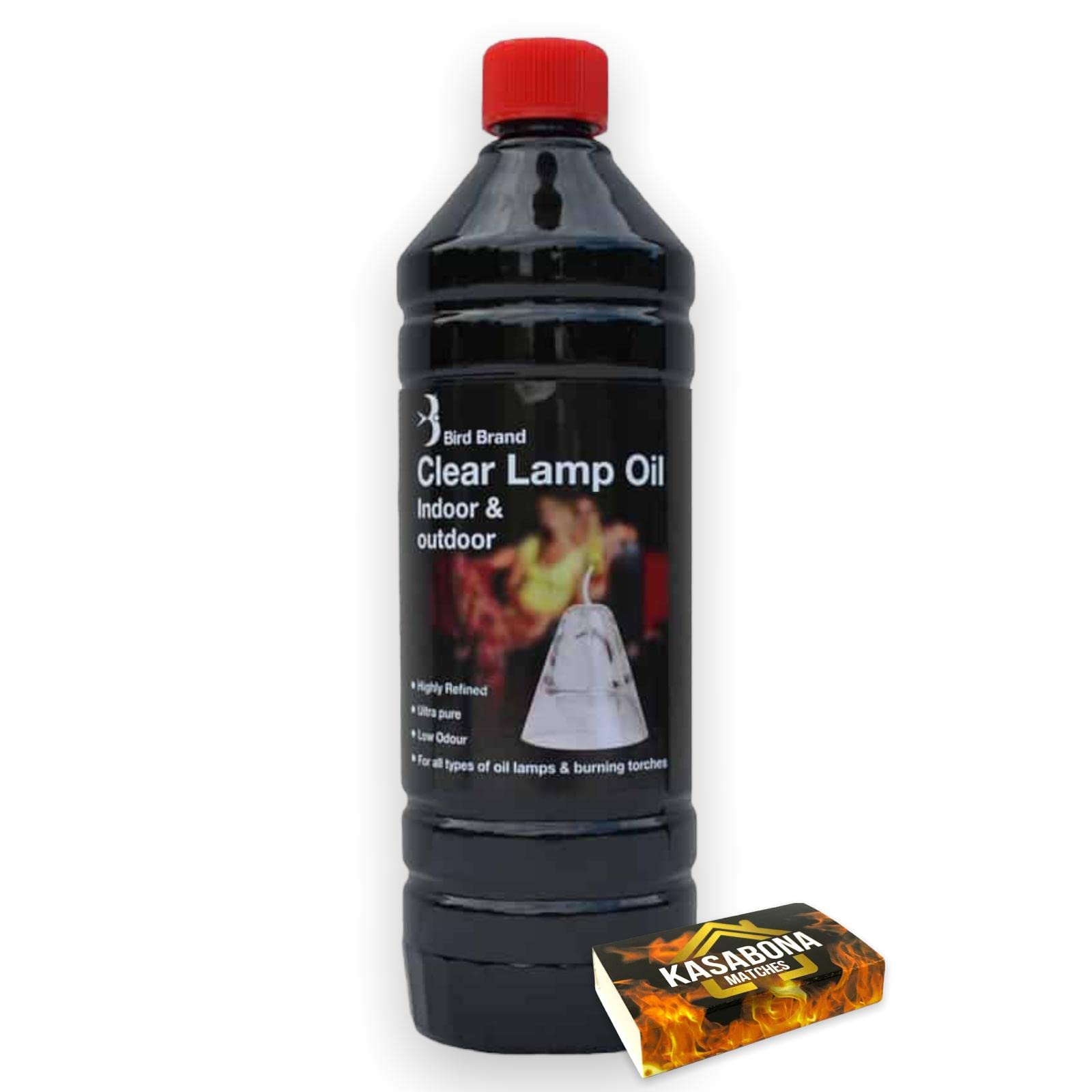 Kasabona Bird Brand Clear Lantern Torch And Lamp Oil 1L Indoor & Outdoor Use For Oil Lamps & Burning Torches - Pack Includes Safety Matches (1 Pack)