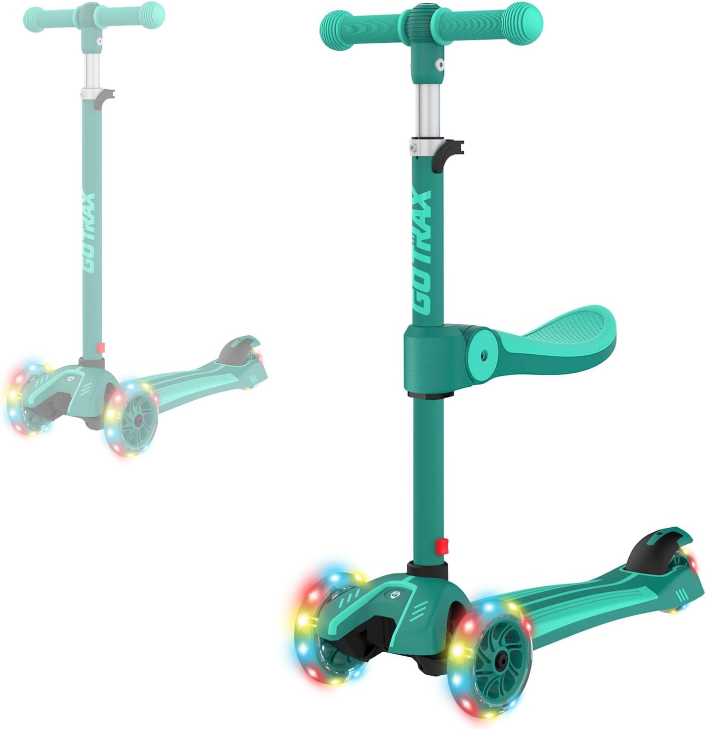 Gotrax KS3 Kids Kick Scooter, LED Lighted Wheels, Adjustable Height Handlebars and Removable Seat, Lean-to-Steer & Widen Anti-Slip Deck, 3 Wheel Scooter for Kids Ages 2-8 and up to 100 Lbs Green with Seat