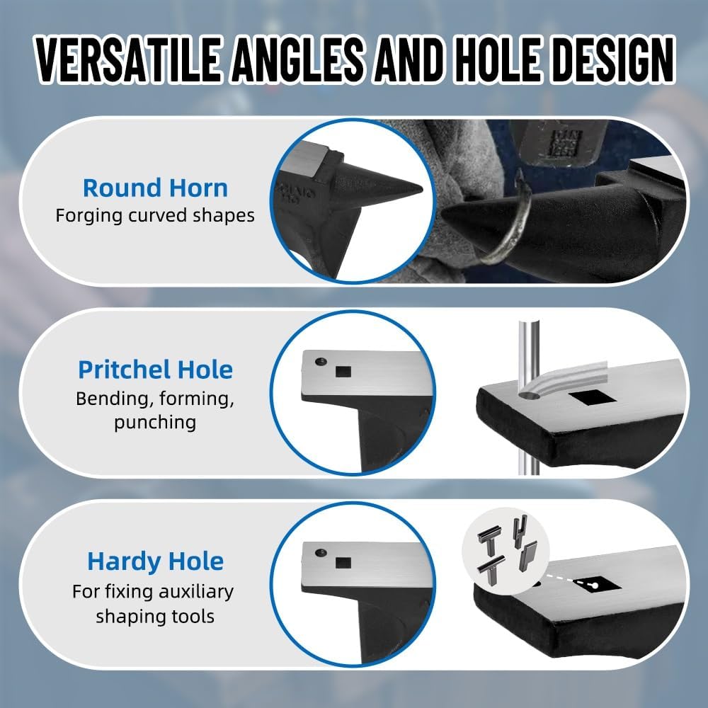 110Lbs Cast Steel Single Horn Anvil for Blacksmithing - Rugged Round Horn Anvil with Round and Square Hole, Large Countertop, and Stable Base