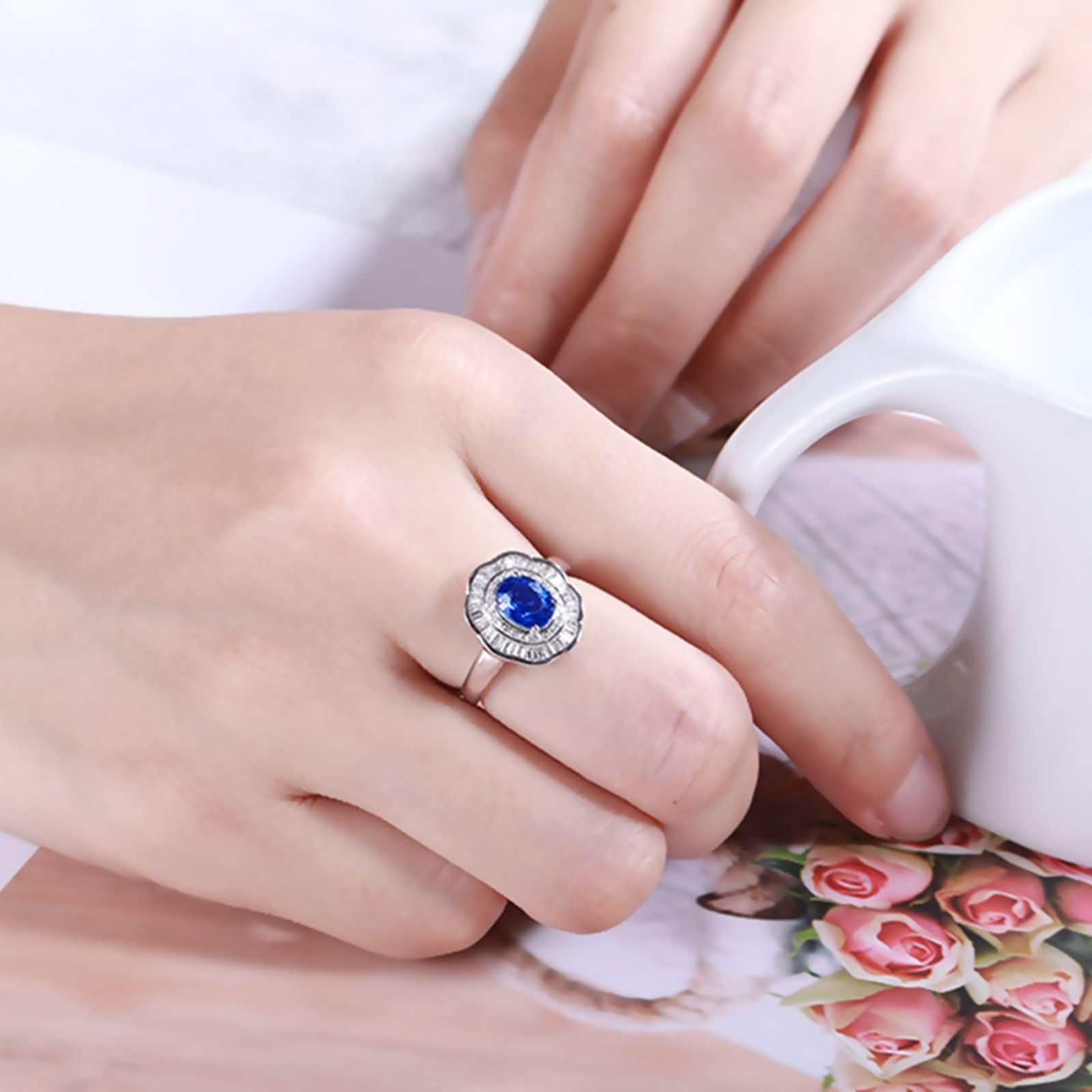Beydodo Anillos de Compromiso Oro Blanco para Mujer 9 14 18 K con Oval con Zafiro Creado de 1.22ct y Moissanita, Anillo Mujer Boda Plata Azul