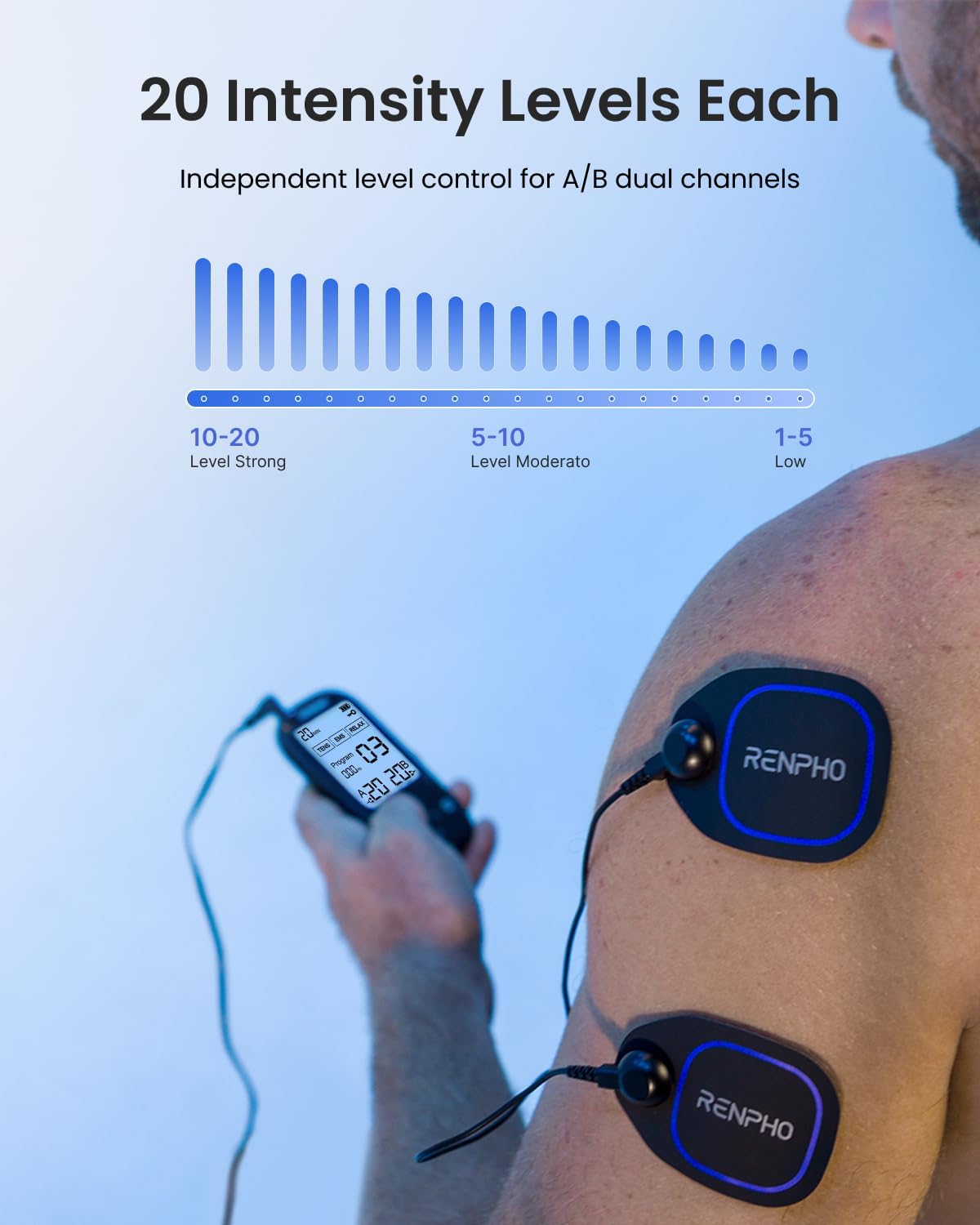 RENPHO TENS Unit Muscle Stimulator, 60 Programs EMS Unit for Back Pain Relief, Rechargeable TENS Machine with 20 Intensities, Muscle Growth Massager for Sciatica Shoulder Neck 8 Electrodes Pads - Image 5