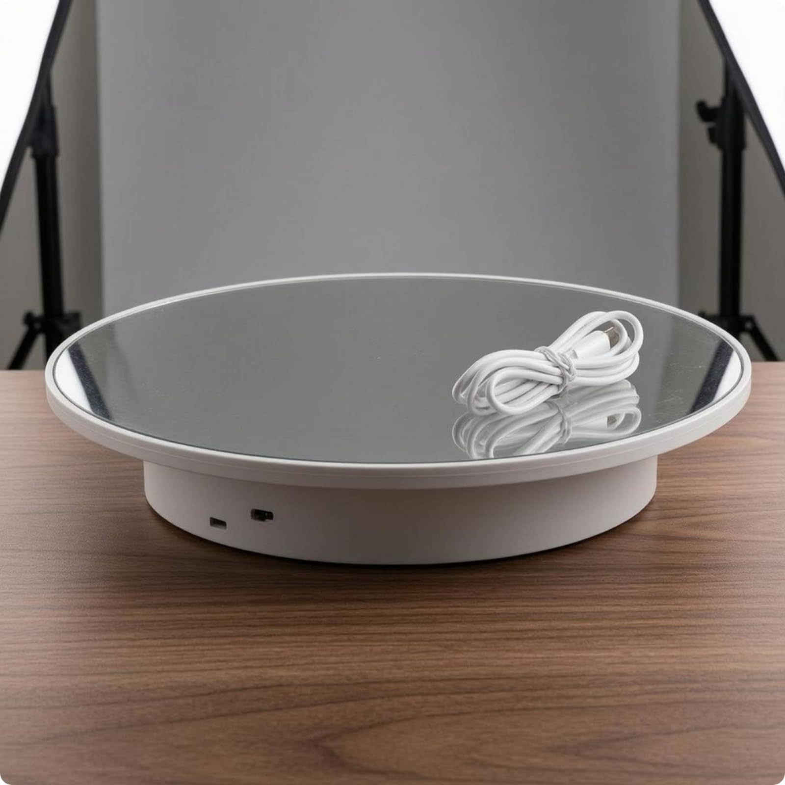 Piattaforma Girevole Elettrica Rotante Turntable Espositore Specchiato Piatto Rotante Motorizzato Top a Specchio Base Bassa Cilindrica 5 Kg USB 5V, Bianco Specchiato, 2668-25cm