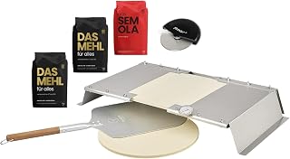 MOESTA-BBQ 19727 PizzaCover Flex Set 2 - Gas Grill Stainless Steel Pizza Maker Set - Bundle of Pizza Shovel Pizza Stone, 1 kg Semola, 2 kg Flour