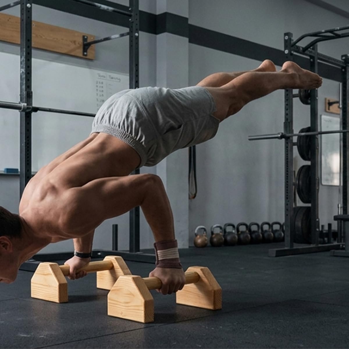 Wooden Parallettes Push Up Bars, Anti-Slip Push-Up Handles, Mini Handle Pumps, Dip Station Dip Bar, Handstand Bars for Calisthenics and Fitness（log）