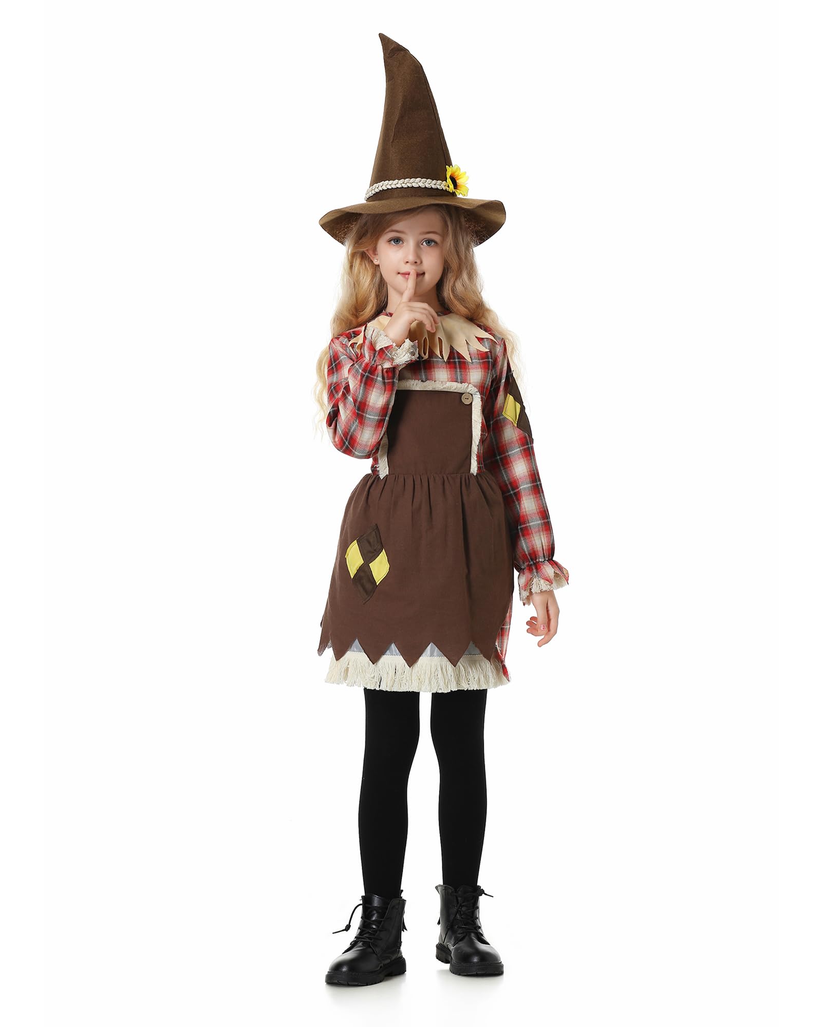 maxToonrain Kids Scarecrow Costume Girls 2 PCS Long Sleeve Scarecrow Dress with Sunflower Straw Hat for World Book Day Halloween Christmas (Medium - Image 2