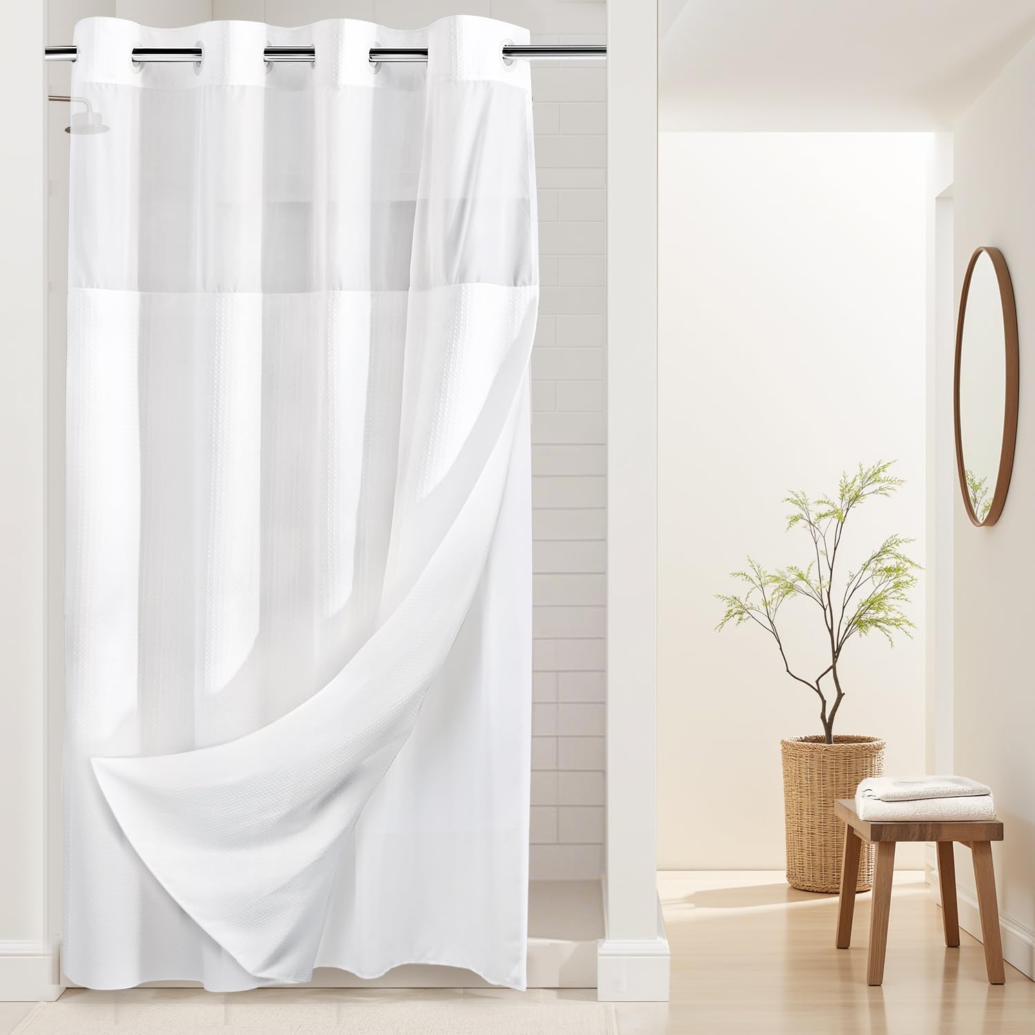 Photo 1 of River Dream Stall Heavyweight No Hooks Required Dotted Waffle Weave Shower Curtain with Snap in Liner- 54W x 80H,Hotel Grade,Spa Like Bath Curtain,White