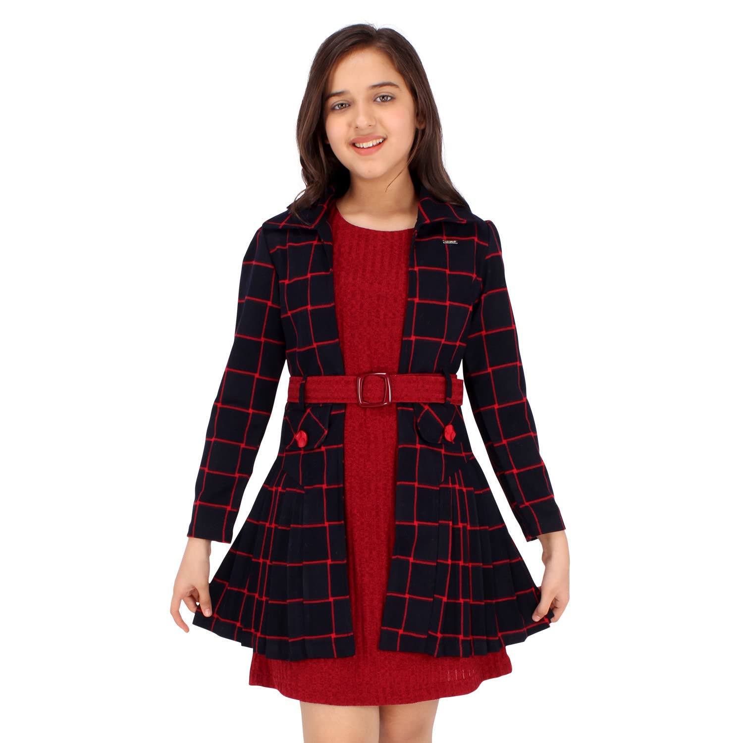 Cutecumber Girls Long Jacket & Dress Set Chenille & Check Fabric Shift with Back Zip Closure & Waist Belt – Belted for Kids & Baby Girls Fancy Stylish Party Outfit Age (1-15 Years)