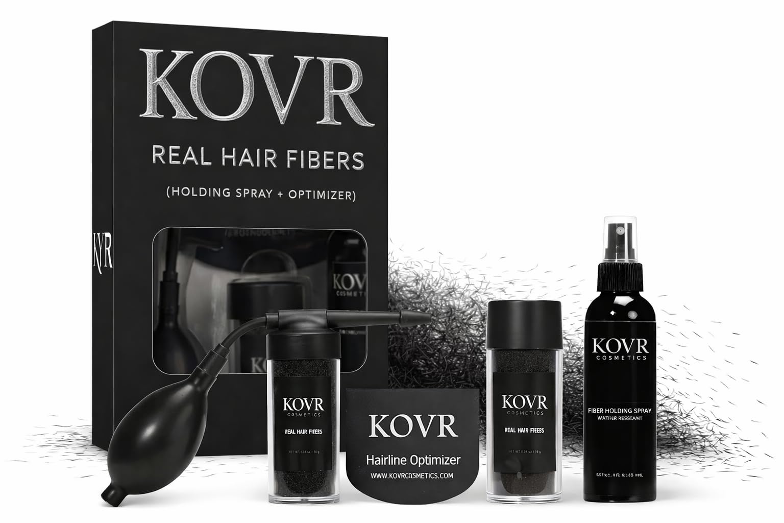 KOVR Real Hair Fibers Complete Kit - 38g Natural Keratin Hair Thickening Fibers with Holding Spray, Applicator, Hairline Optimizer - Instant Hair Thickening Products for Men & Women 9.5 Ounce (Pack of 4) Black