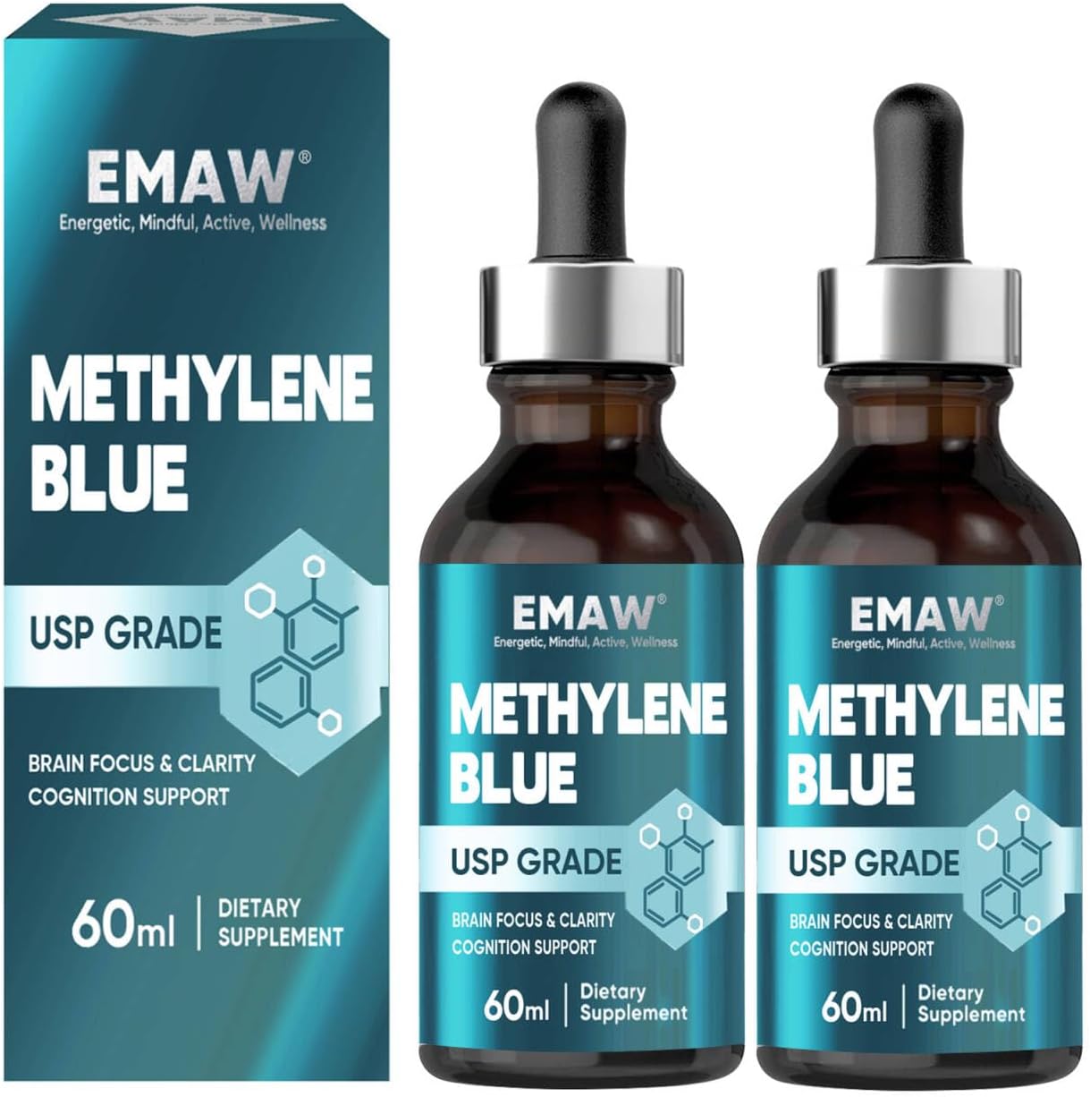 Methylene Blue Drops, 60ML USP Grade Brain Supplement for Enhanced Absorption, Cellular Energy & Mitochondrial Support, High Bioavailability Antioxidant Formula for Cognitive Health & Vitality, 2Pcs
