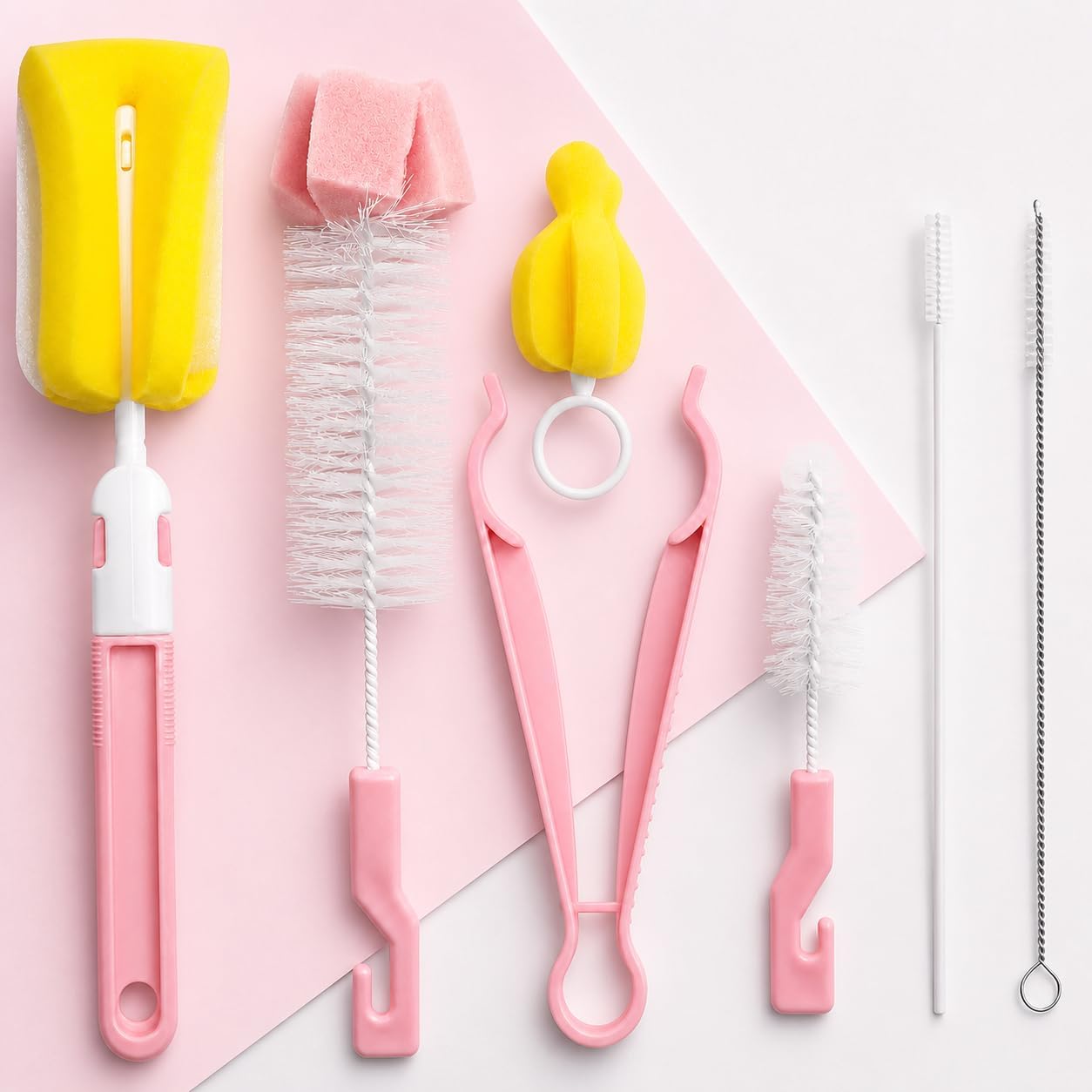 Baby Bottle Brush Cleaner, 7Pcs/Set, Sponge Cleaning Tools Kit, Straw & Nipple Cleaner for Feeding Bottle Cup (Pink) image 2