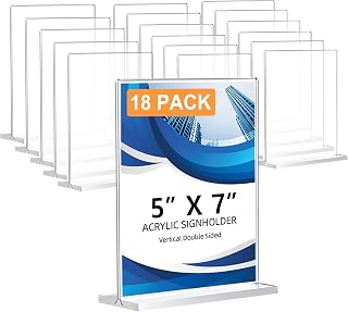 18 Pack Acrylic Sign Holder 5 x 7, Double-Sided Clear Sign Holder Plastic Stands for Display, T Shape Acrylic Table Sign Stands for Office Store Restaurants Wedding Party Decoration