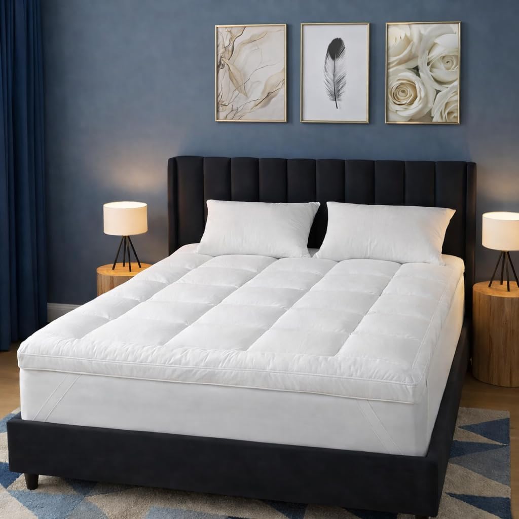 Mattress Topper Double Hotel Quality – 2 Inch Extra Deep (5cm) Microfibre – Ultra Soft, Breathable, Fluffy Hollowfibre Filling – White Box Stitched with Elastic Corner Straps