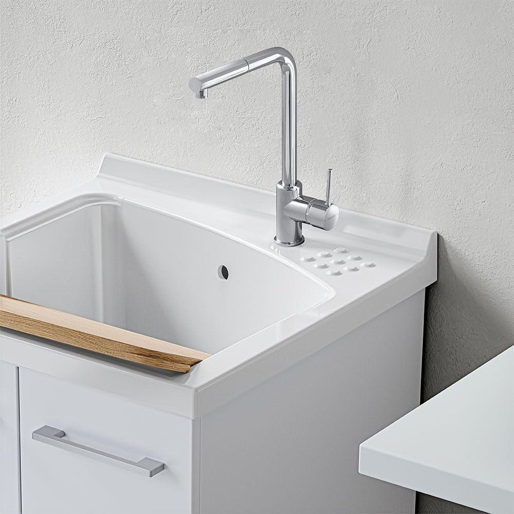 Mobile Lavatoio 61x50 Cm Con Vasca In Ceramica Linea Revine, Struttura Già Montata In Legno Nobilitato Bianco Con 2 Ante E Maniglie Cromo, Completo Di Asse Lavapanni