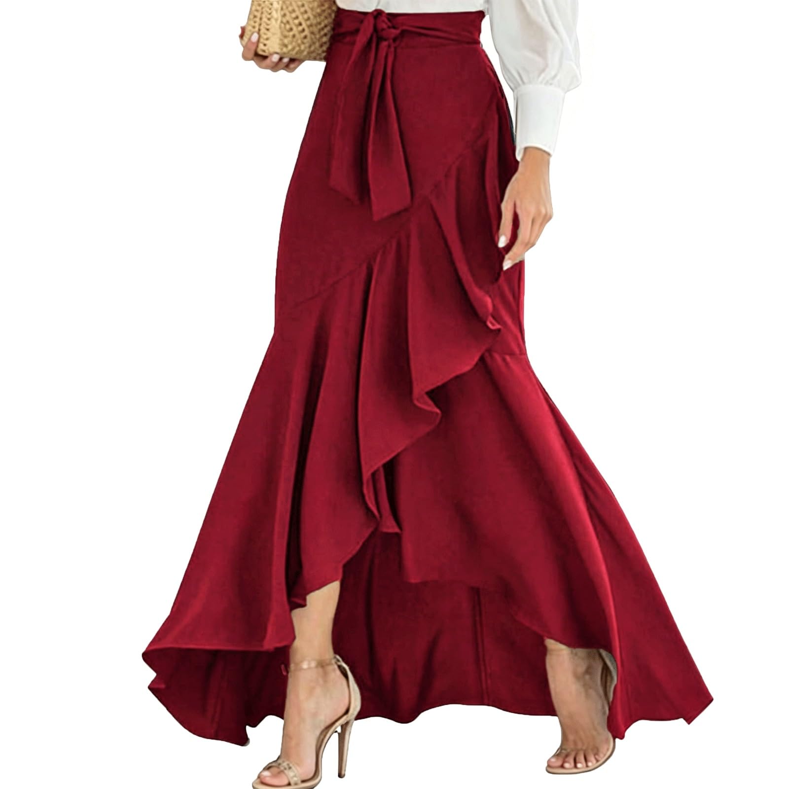 DUddTTW A-line Midi Long Skirt Belt Women's Maxi Skirts Irregular Design(Wine Red,Lagre)