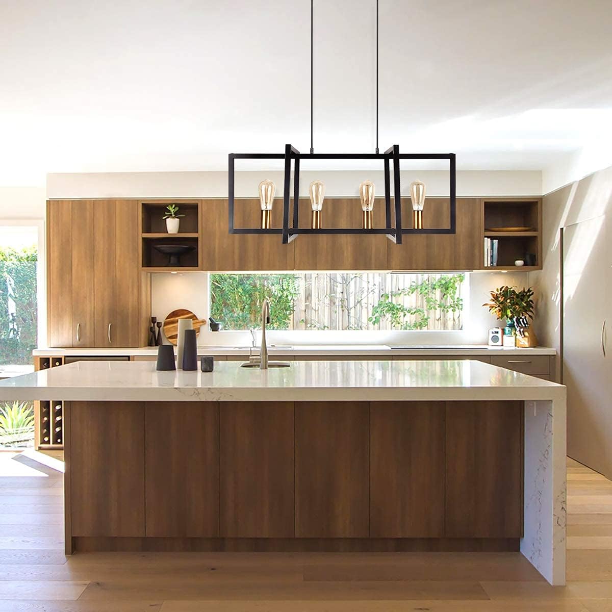 Nеw Prоduсt Merbotin 4-Light Black Rectangle Island Light, Industrial Modern Dining Room Chandeliers Farmhouse Linear Kitchen Hanging Lighting,Matte Black with Warm Brass