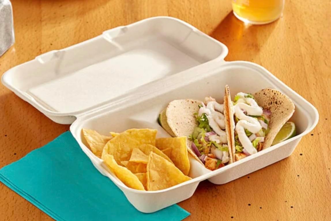 Clamshell Take Out Food Container 300 Pack, 9X8 2-compartment Compostable Food Container, Disposable To Go Boxes, Made From Eco-Friendly Biodegradable Sugarcane Fibers