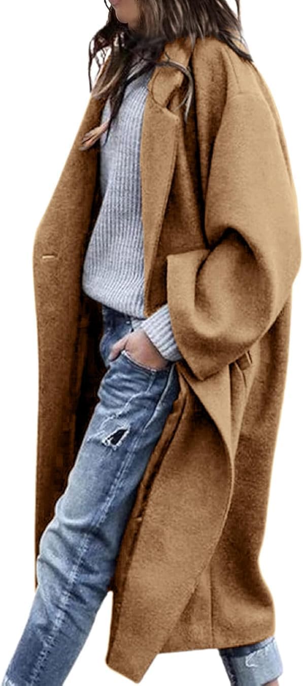 Women's Winter Pea Coat Notch Lapel Single Breasted Oversized Long Casual Wool Blend Overcoat Khaki X-Large